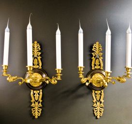 Pr.superb Antique French empire ormolu & paina bronze wall sconces.